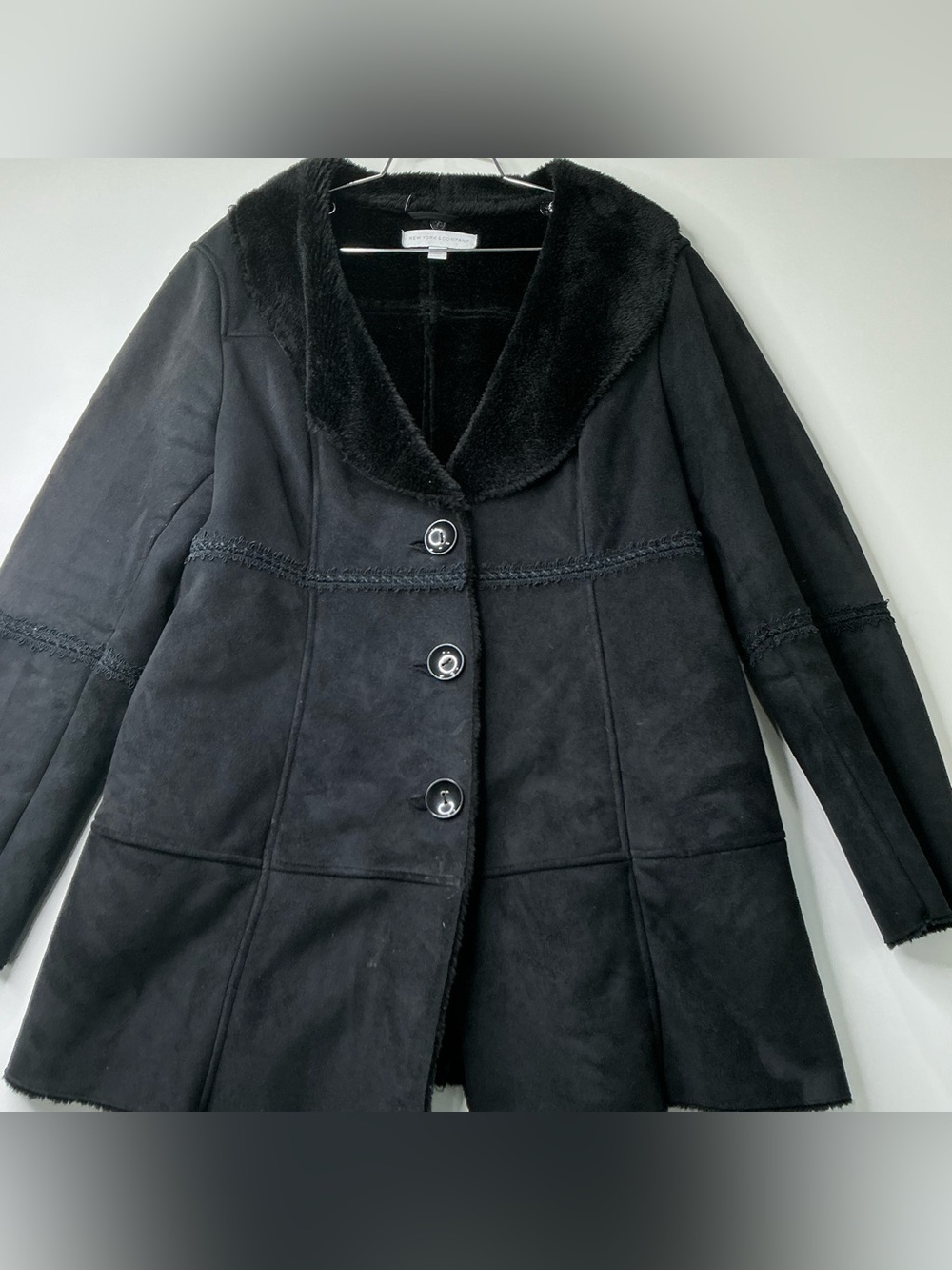 New York Black Button Front Faux Suede & Faux Fur Lined Jacket Size L Preowned